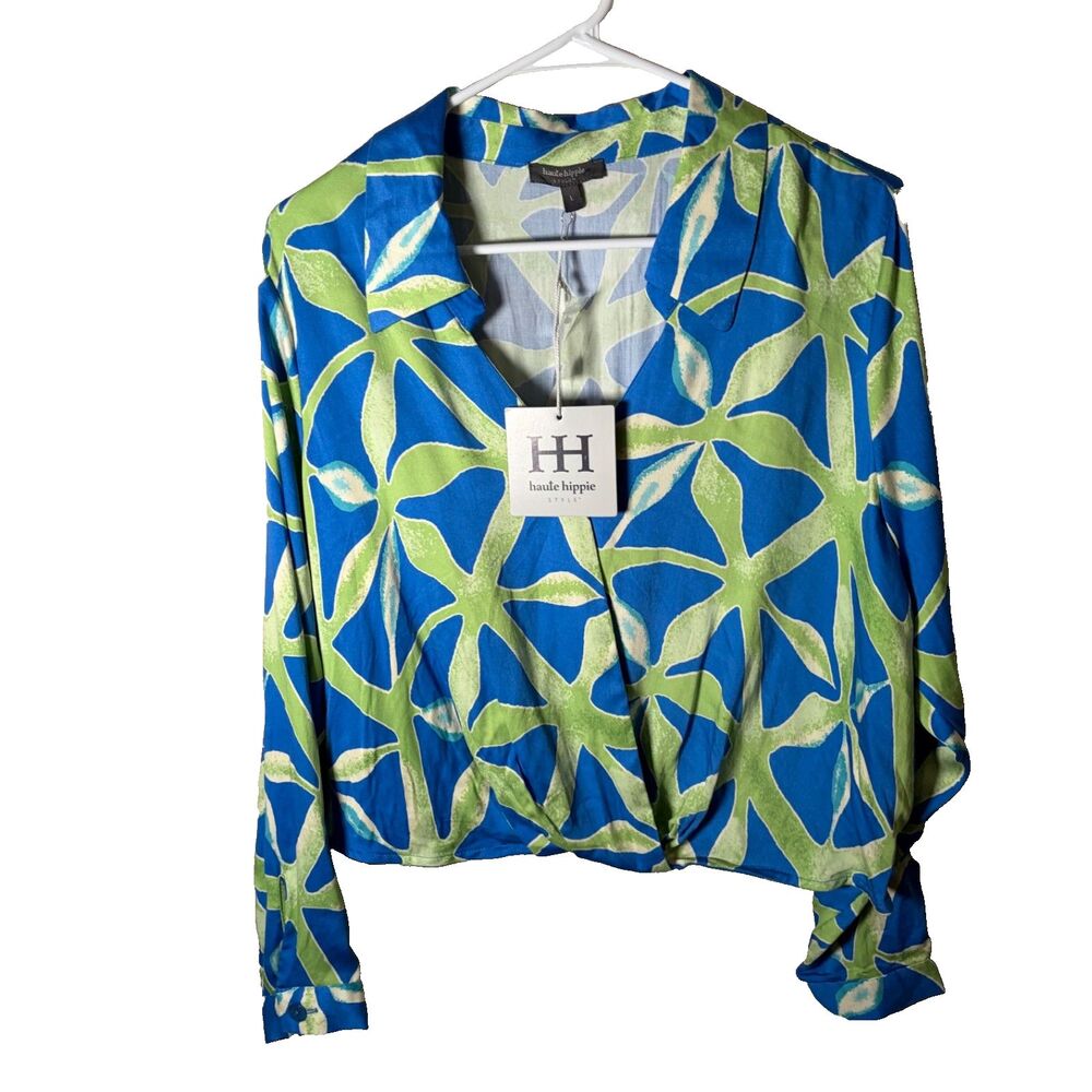 Haute Hippie Blouse Women's Large Green Blue Long Sleeve Cropped Shirt Top